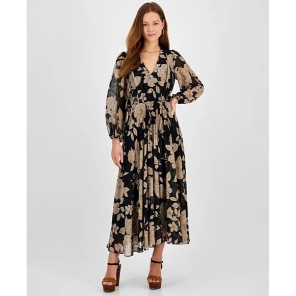 Taylor Womens Floral Chiffon V Neck Pleated Maxi Dress Black Taupe Size 14 NWT - Picture 1 of 5